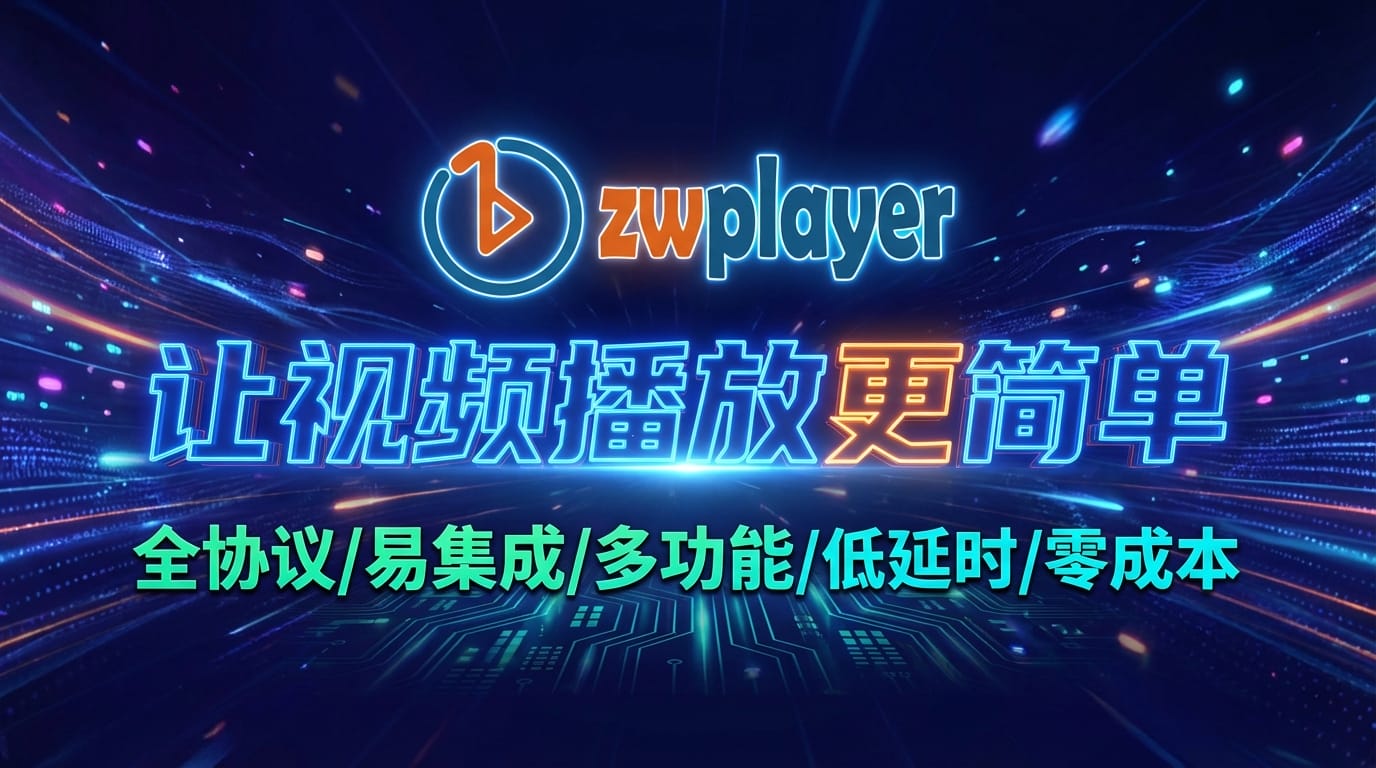 zwplayer 让视频播放更简单。支持webrtc超低延时播放、rtsp无插件在线播放、本地文件拖拽播放；支持双字幕、弹幕、自适应码流的极简web网页播放器的宣传海报，gemini 3 pro image(Nano Banana 2) 预览版优化效果图1，无水印，效果不错，可自己使用