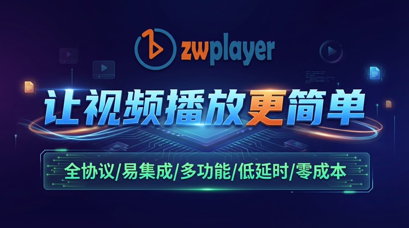 zwplayer 让视频播放更简单。支持webrtc超低延时播放、rtsp无插件在线播放、本地文件拖拽播放；支持双字幕、弹幕、自适应码流的极简web网页播放器的宣传海报，gemini 3 pro image(Nano Banana 2) 预览版优化效果图2，无水印，效果不错，可自己使用
