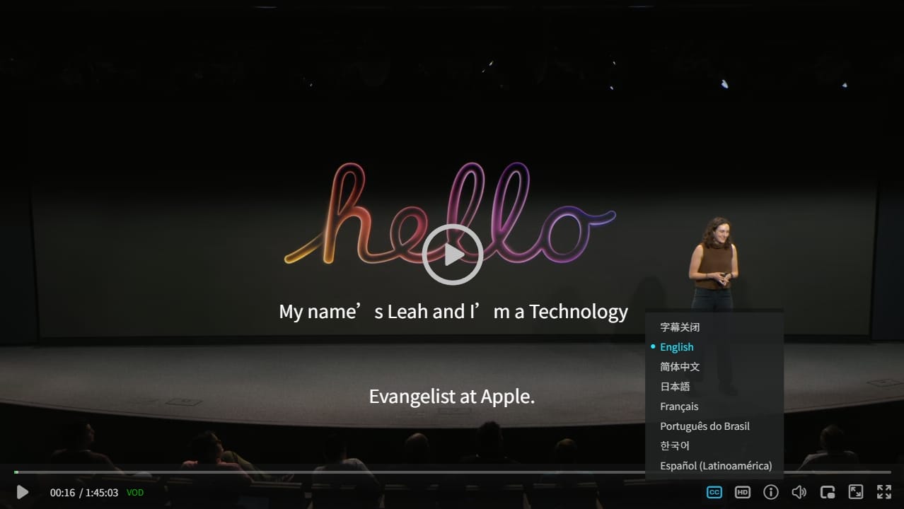 zwplayer js网页播放器 hls m3u8文件内嵌多字幕界面截图,点击 CC 图标可以看到多个字幕文件,使用者可手动切换字幕